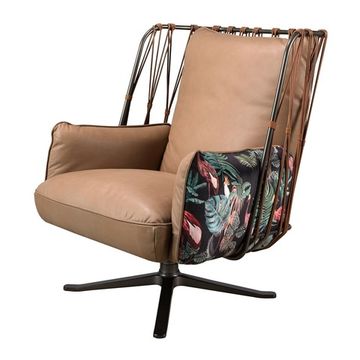 Кресло поворотное 5168 из коричневой кожи и ткани с коричневым принтом