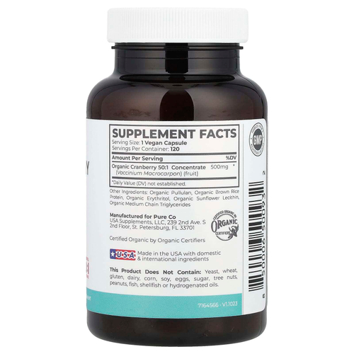 Pure Co., Органический концентрат клюквы, 500 мг, 120 веганских капсул