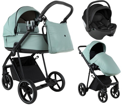 Детская коляска Roan Sol Vintage Leather 2.0 3 в 1 с автокреслом Pituso Baesa Pro Black SL/13/L Misti Mint/Grey/руч. Серый