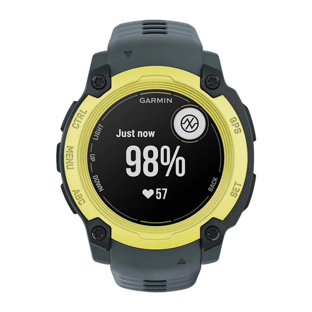 Спортивные часы Garmin Instinct E, 40 мм, силиконовый ремешок сумеречного цвета Безель цвета «электрический лайм». Ремешок с классической застёжкой — на запястье обхватом 107–179 мм