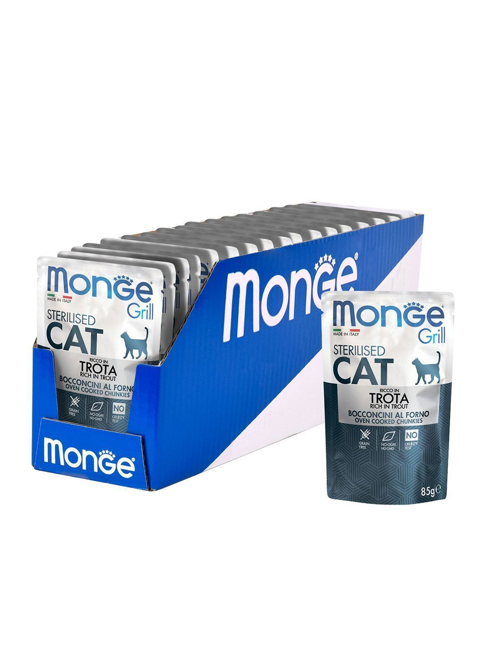 Корм для кошек Monge Cat Grill Pouch для стерилизованных кошек итальянская форель пауч, 85г