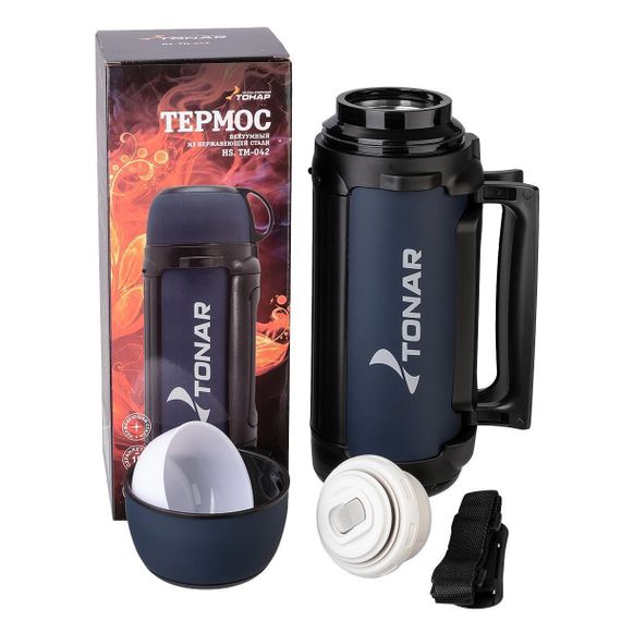 Термос TONAR 1700ML HS.TM-042  (крышка-кружка с ручк, доп.пл.чашка, скл.ручки, ремень)