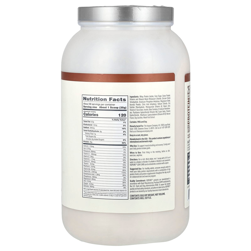 Isopure, Изолят сывороточного белка со вкусом натурального шоколада, 3 фунта (1361 г)
