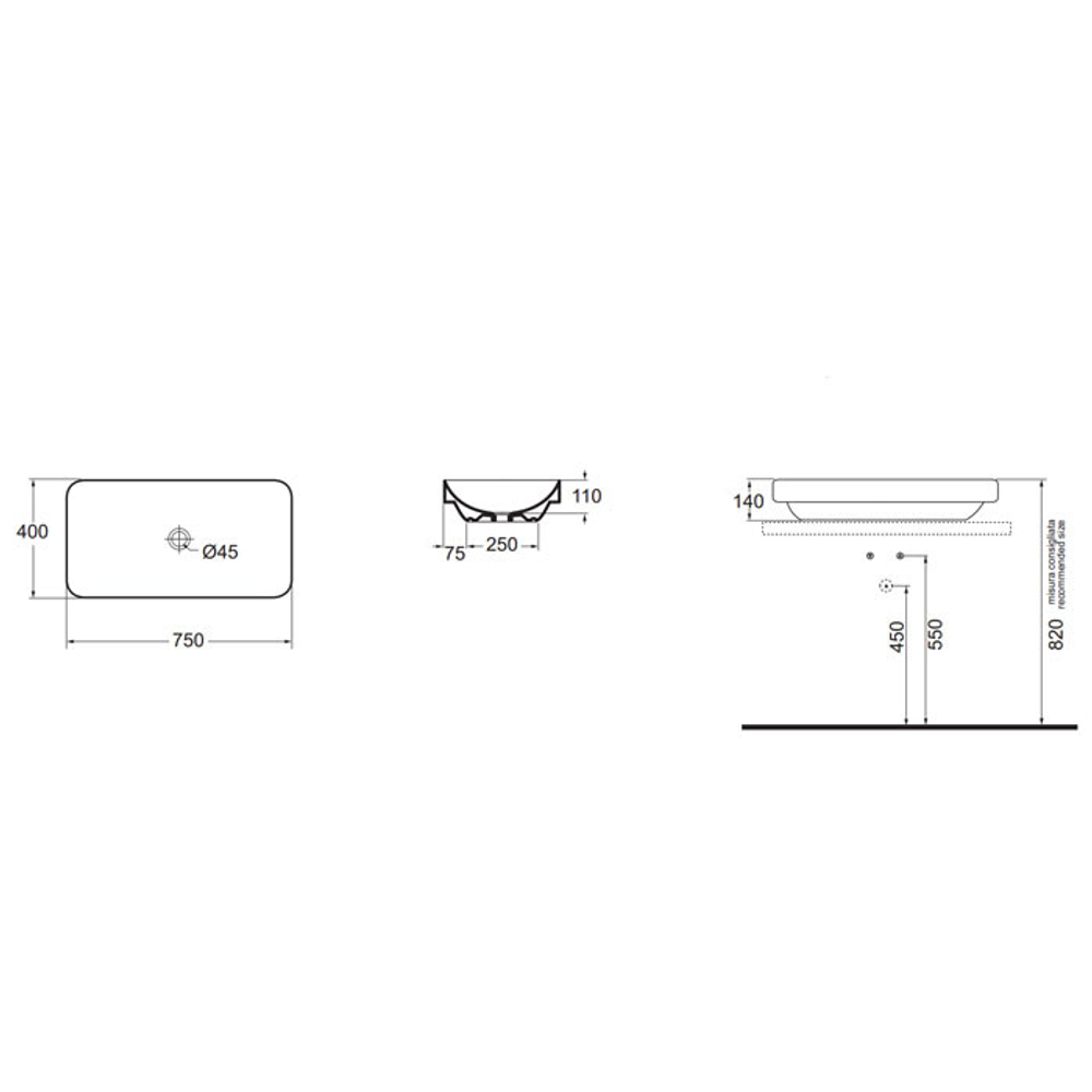 Раковина Azzurra Elegance ELLG075400S0BI/(ESO75 bi)*0 накладная 75 см, цвет Bianco lucido