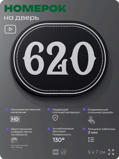Номерок на дверь квартиры 620, для кабинета, офиса, шильдик 9 х 7 см, черный, Айдентика Технолоджи