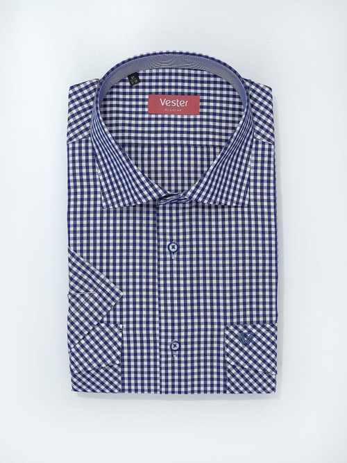 Сорочка мужская VESTER короткий рукав, цвет синяя микроклетка, хлопок/пэ 76814 72