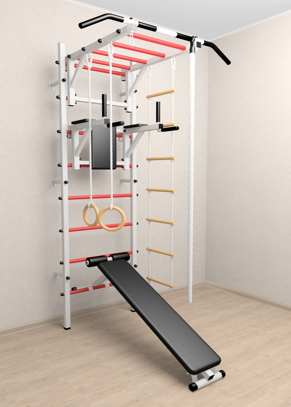 Шведская стенка Sv Sport 525 (Турник рукоход/Брусья/Скамья/Канат/Кольца/Лестница)