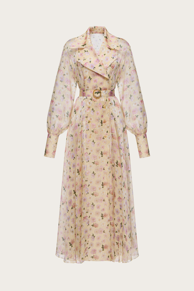 ПЛАТЬЕ-ХАЛАТ ИЗ ЖЕЛТОЙ ШЕЛКОВОЙ ОРГАНЗЫ С АВТОРСКИМ ПРИНТОМ