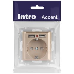Розетка Intro Accent 6-410-04 , P+E Schuko со шторками, 16А-250В + 2хUSB, IP20, СУ, шампань