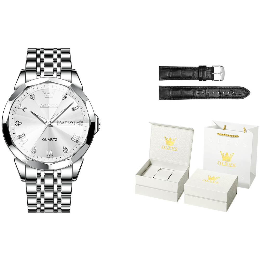 OLEVS Quartz Movement Stainless Steel Watchband Watch Men"s Watches White Dial