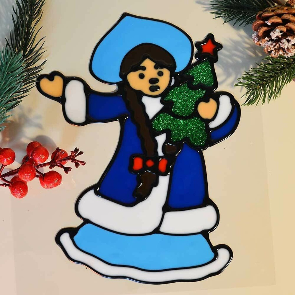 Наклейка на стекло "Снегурочка с елкой" 20*25см