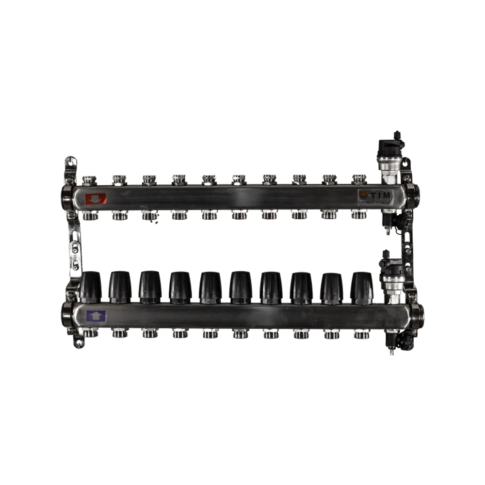 Коллектор из нержавеющей стали для отопления без расходомеров TIM 1" - 3/4" Евроконус - 10 выходов