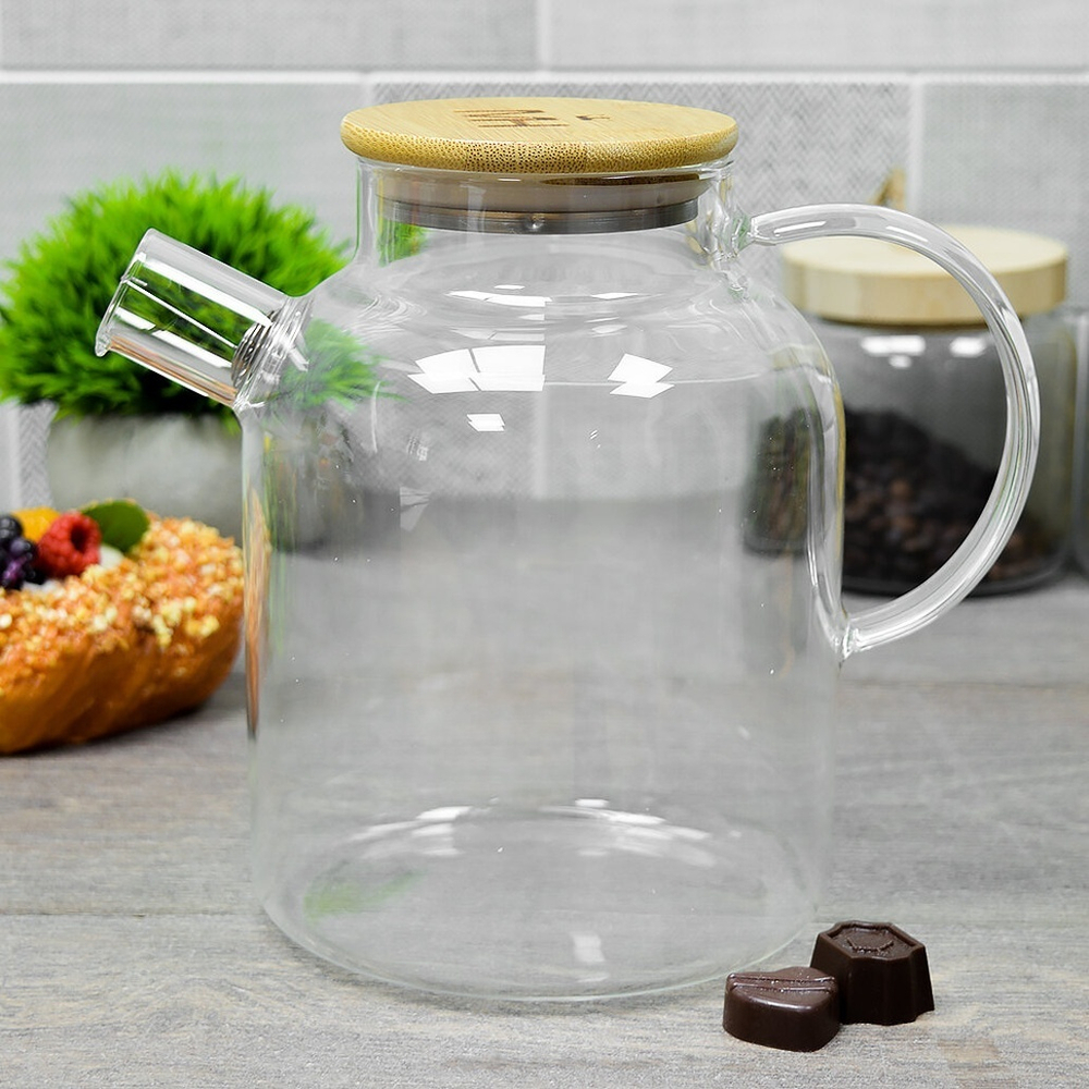 Чайник заварочный 1,6л "MercuryHaus" стеклянный с бамбуковой крышкой, MC-6497