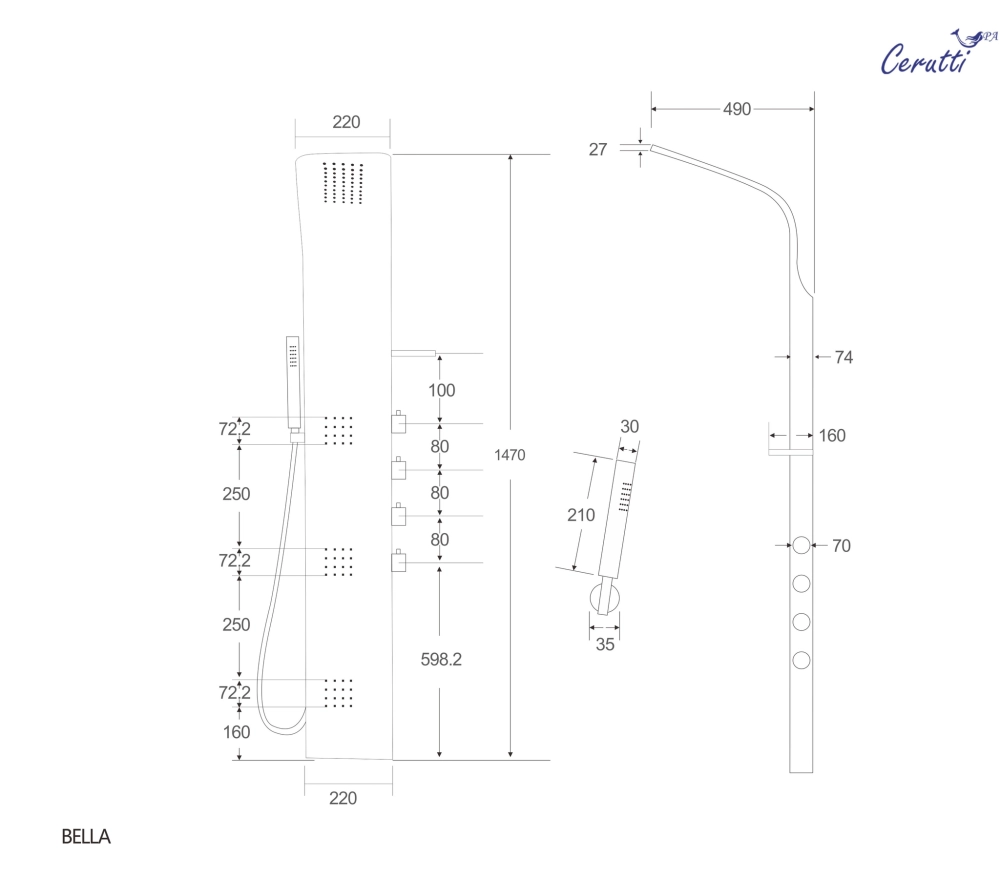 Панель BELLA B душевая из нержавеющей стали с форсунками Ceruttispa CT9254, цвет черный