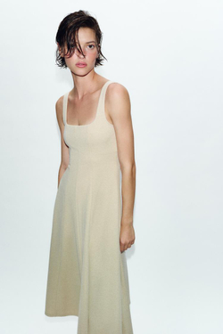 ZARA ПЛАТЬЕ МИДИ НА БРЕТЕЛЯХ, БЕЖЕВЫЙ МЕЛАНЖ
