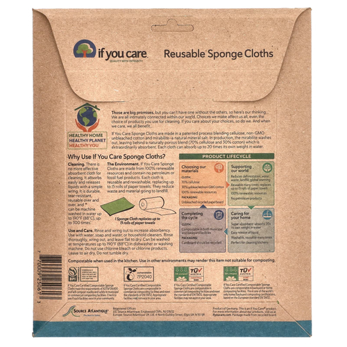 If You Care, Многоразовые губчатые салфетки, 5 салфеток, 20 см x 17 см (8 x 6,75 дюйма)
