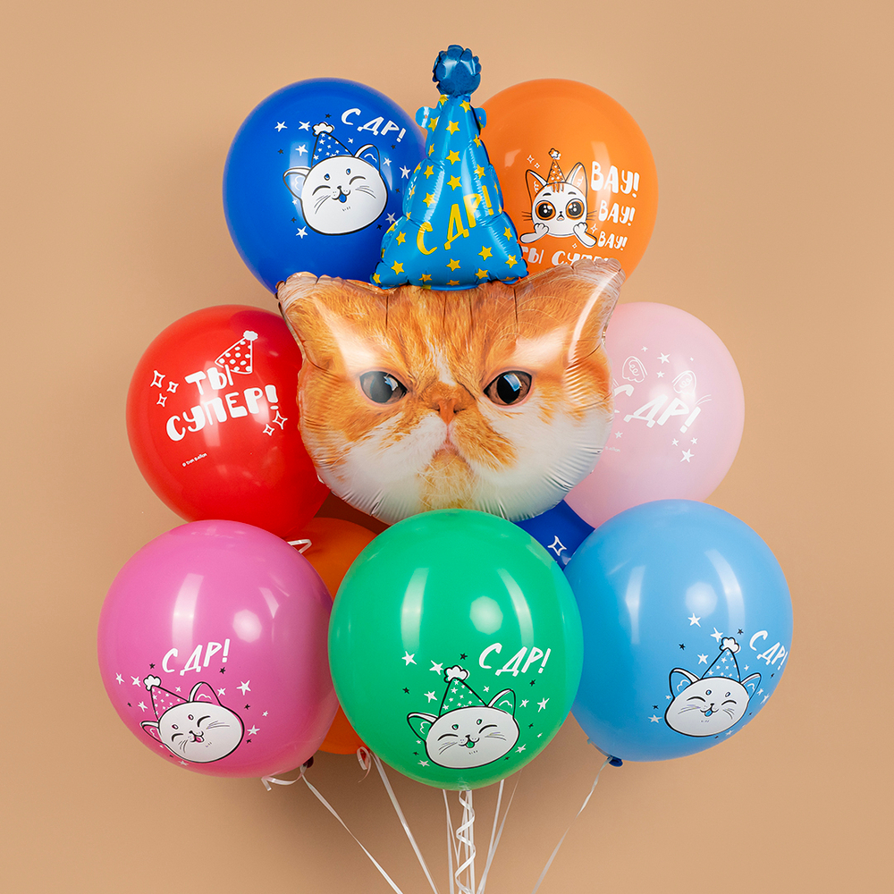 Фольгированные шары-фигуры «Котик в колпачке» в ассортименте, 74–81 см