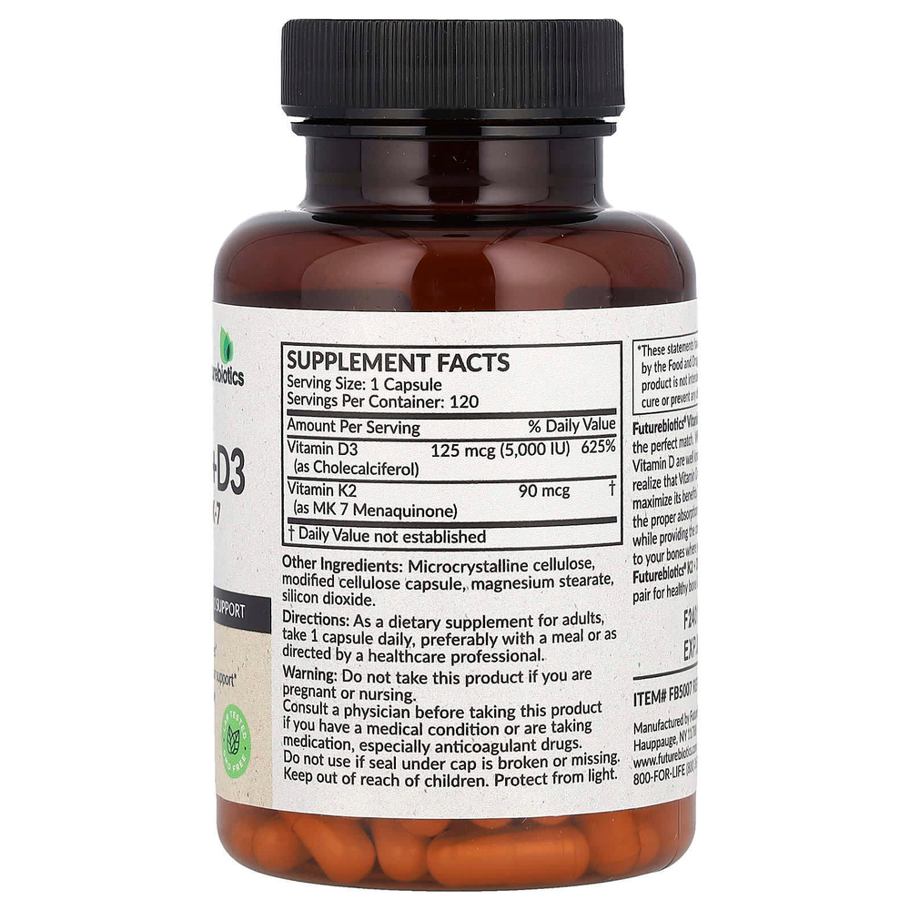 Futurebiotics, витамины K2 + D3 с витамином K2 в виде MK-7, 120 капсул