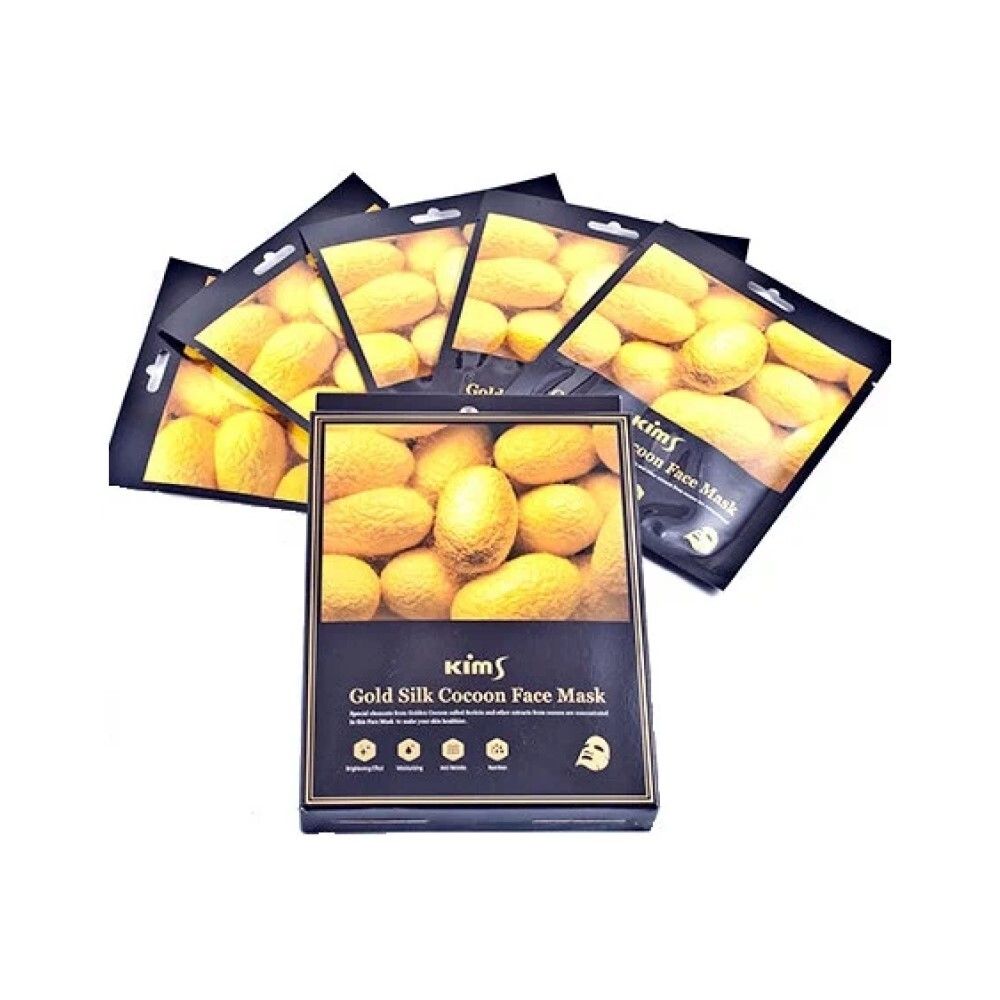 Kims Gold Silk Cocoon Face Mask Антивозрастная маска для лица с протеинами кокона шелкопряда, набор из 5 шт по 30 мл