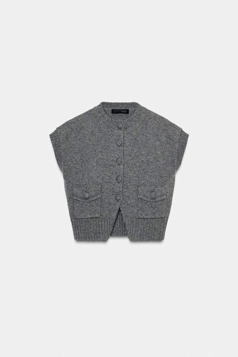 ZARA ТРИКОТАЖНЫЙ ЖИЛЕТ С ОБТЯЖНЫМИ ПУГОВИЦАМИ, СЕРЫЙ