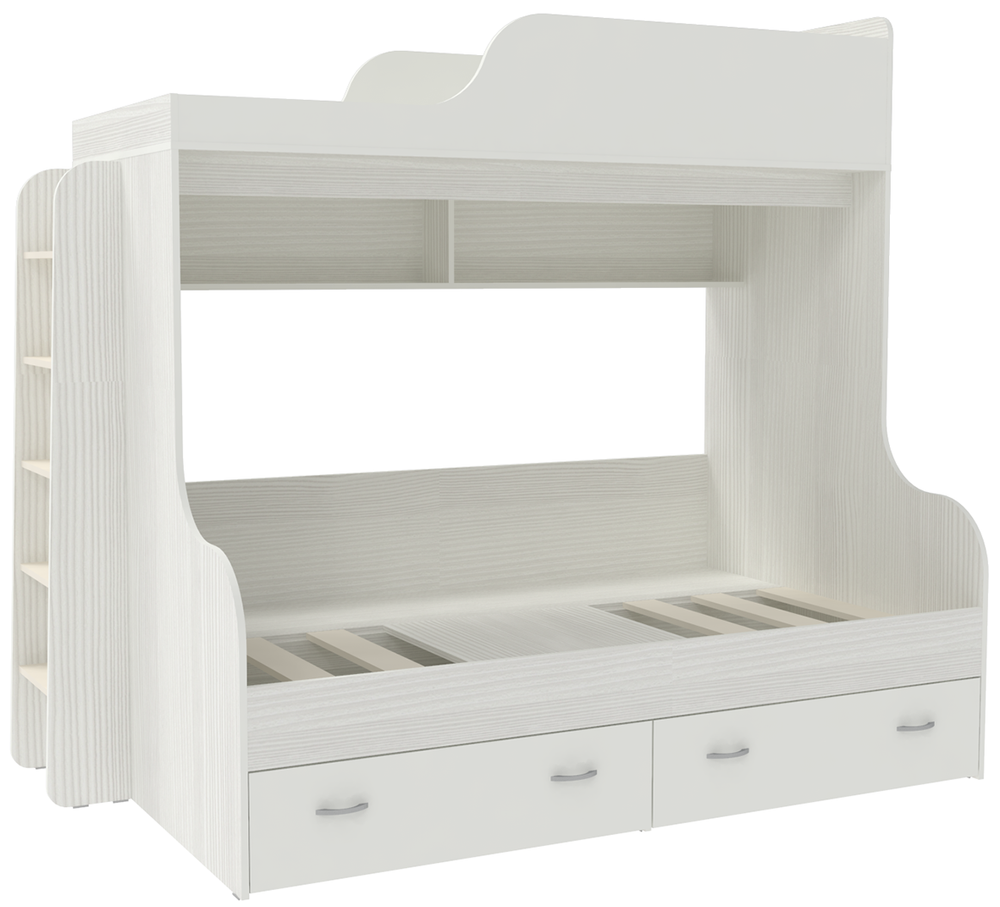Двухъярусная кровать КарИВи Дуэт-15 с деревянной лестницей Белое Дерево Белый