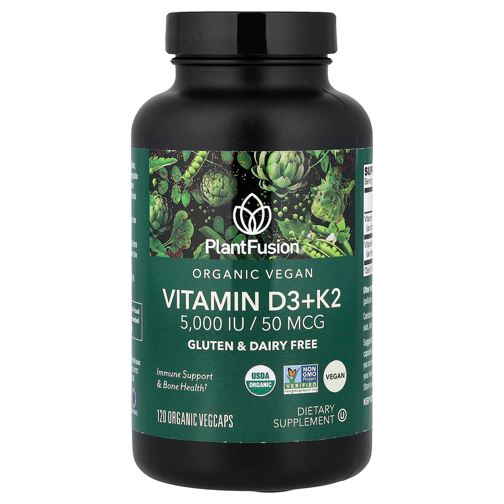 PlantFusion, органические веганские витамины D3 и K2, 120 органических растительных капсул