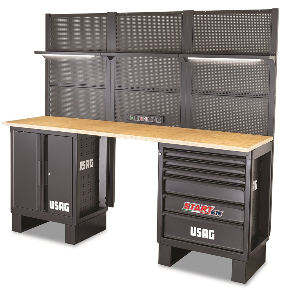 516 SA/C4 Верстак 2-х тумбовый 2175 мм c перфорированными панелями и освещением, USAG (Италия)