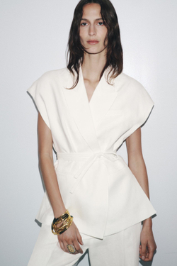 ZARA ДВУБОРТНЫЙ ЖИЛЕТ ИЗ СМЕСОВОГО ЛЬНА — ZW COLLECTION, БЕЛЫЙ