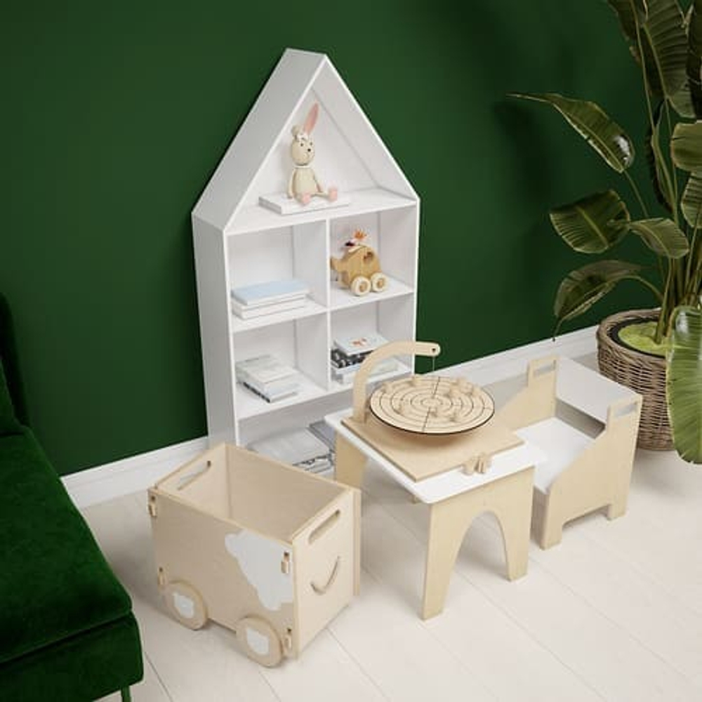 🏡 Стеллаж-домик «Теремок» — где книги живут как в сказке, а игрушки — как в гостях у друзей 🐰📚