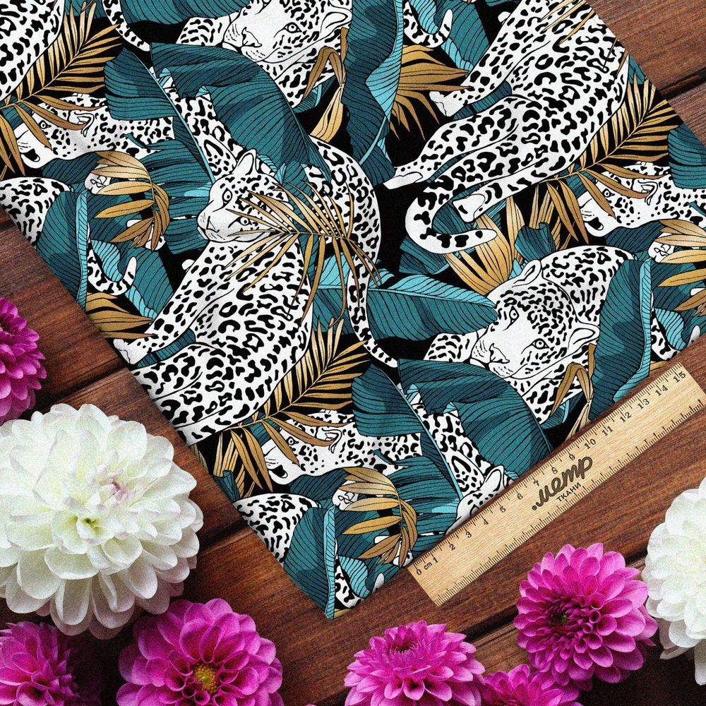 Ткань шелк Армани леопард в тропических листьях