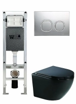 Унитаз подвесной WeltWasser AMBERG 350 ST+MERZBACH 041 XL MT-BL+AMBERG RD-MT CR черный матовый, безободковый, с крышкой микролифт, слив-торнадо, с инсталляцией и кнопкой хром матовый