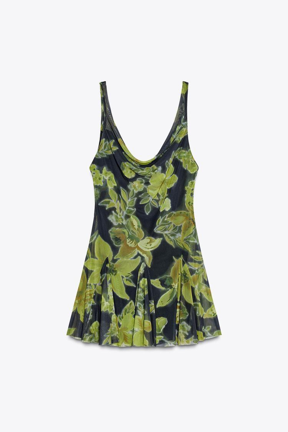 ZARA КОРОТКОЕ ПЛАТЬЕ ИЗ ТЮЛЯ С ЦВЕТОЧНЫМ ПРИНТОМ, ЧЕРНЫЙ/ЗЕЛЕНЫЙ