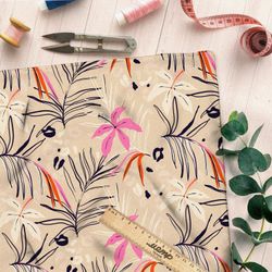 Ткань поплин контурные листья с розовыми