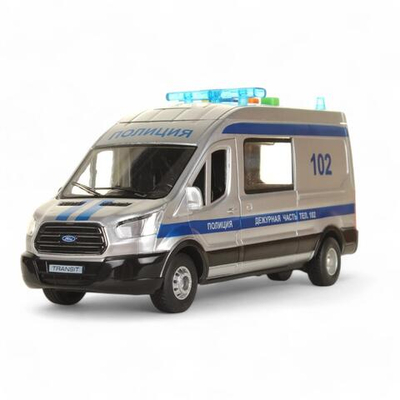 Модель ин. пласт. "Ford Transit. Полиция" 22,5см, двери, серебр, свет-звук, коробка (Технопарк)