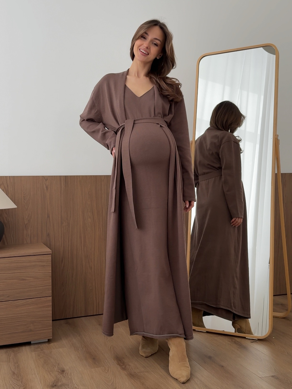 Комплект вязаный, длинное платье на лямках и кардиган