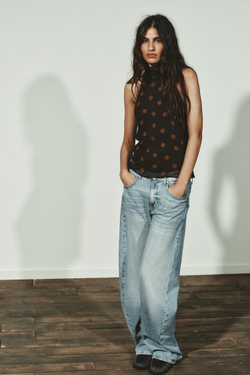 ZARA ТОП ИЗ ЖОРЖЕТА С ГОРЛОВИНОЙ ХАЛТЕР В ГОРОШЕК, ОТТЕНКИ КОРИЧНЕВОГО