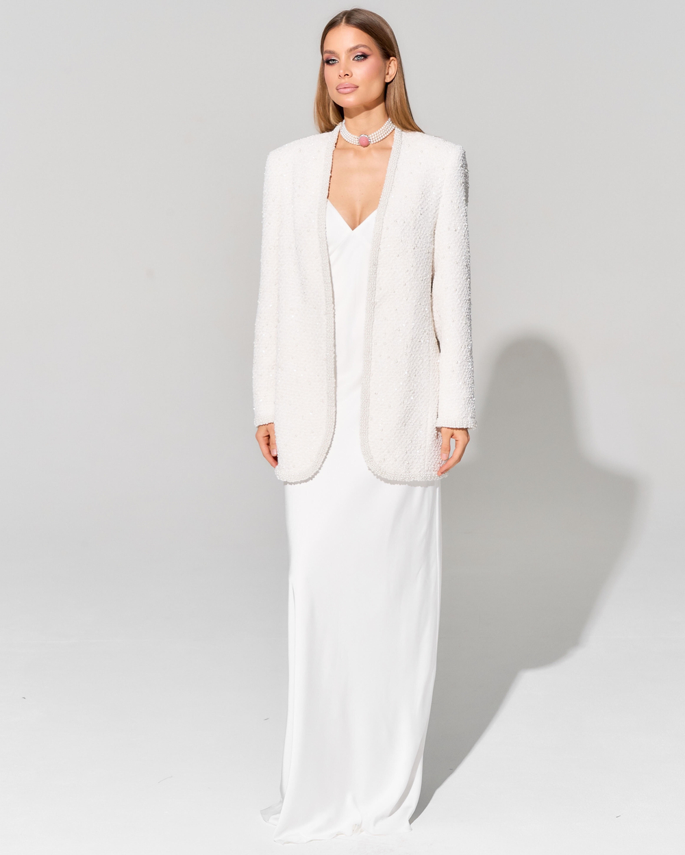 Кардиган из премиального твида с отделкой жемчугом