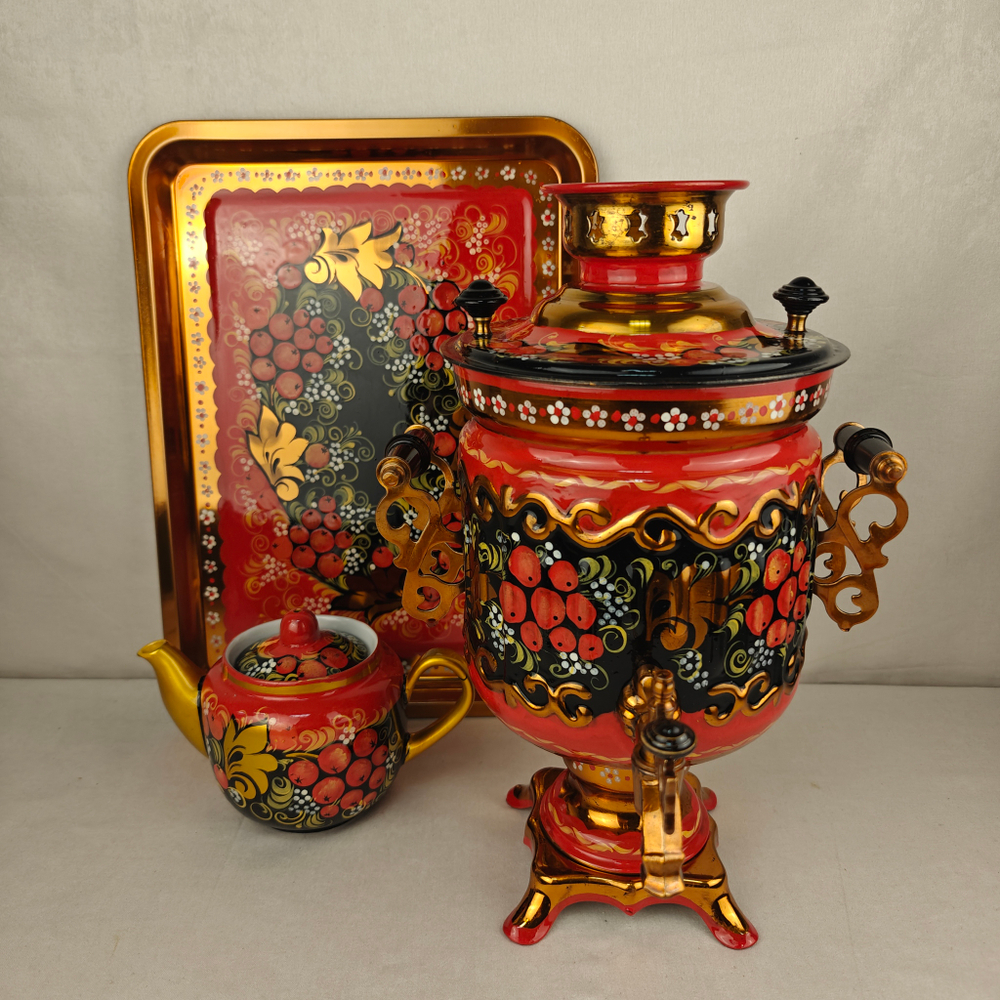 Самовар электрический трехлитровый в наборе с подносом и чайником с художественной росписью «Рябинка»