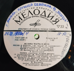 Винтажная виниловая пластинка LP Сборник Музыка Театра И Кино (ССР 1972)