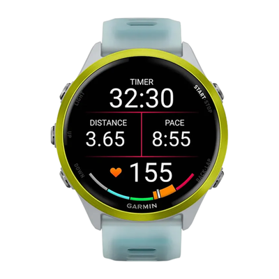 Спортивные часы Garmin Forerunner 570, 47 мм, силиконовый ремешок цвета «полупрозрачный серый»/бирюзовый Ярко-жёлтый алюминиевый безель, AMOLED-дисплей с Gorilla Glass 3. Ремешок с классической застёжкой — на запястье обхватом 135–205 мм