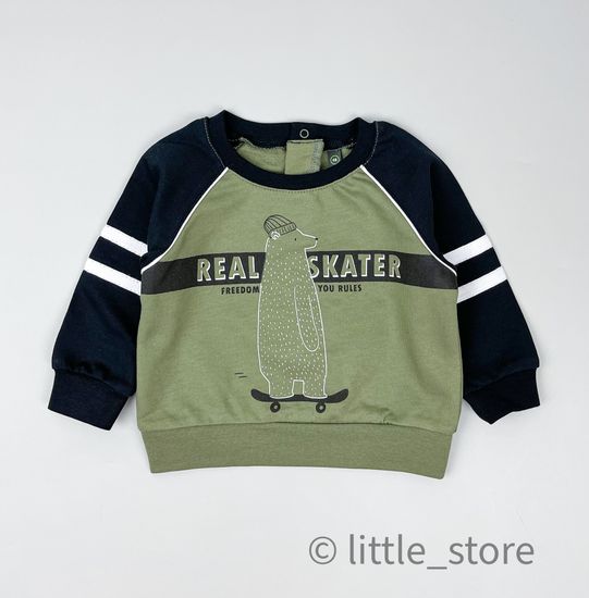 Свитшот из футера "Мишка и скейтборд" темно-оливковый