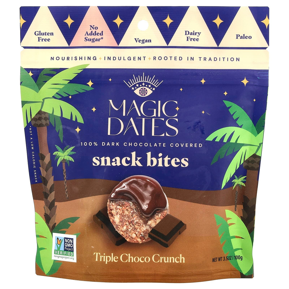 MAGICDATES, Snack Bites, покрытый 100% темным шоколадом, тройной шоколадный хрусталь, 100 г (3,5 унции)