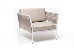 "Касабланка" кресло плетеное из роупа, каркас алюминий белый муар, роуп бежевый 20мм, ткань бежевая 15052