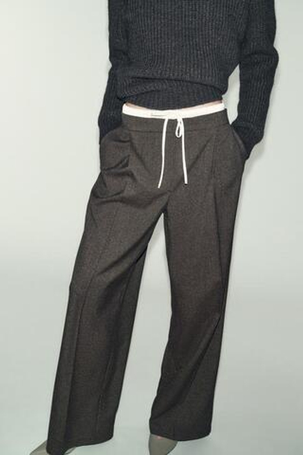 ZARA ШИРОКИЕ БРЮКИ С ДВОЙНЫМ ПОЯСОМ «ГУСИНАЯ ЛАПКА», ТЕМНО-КОРИЧНЕВЫЙ