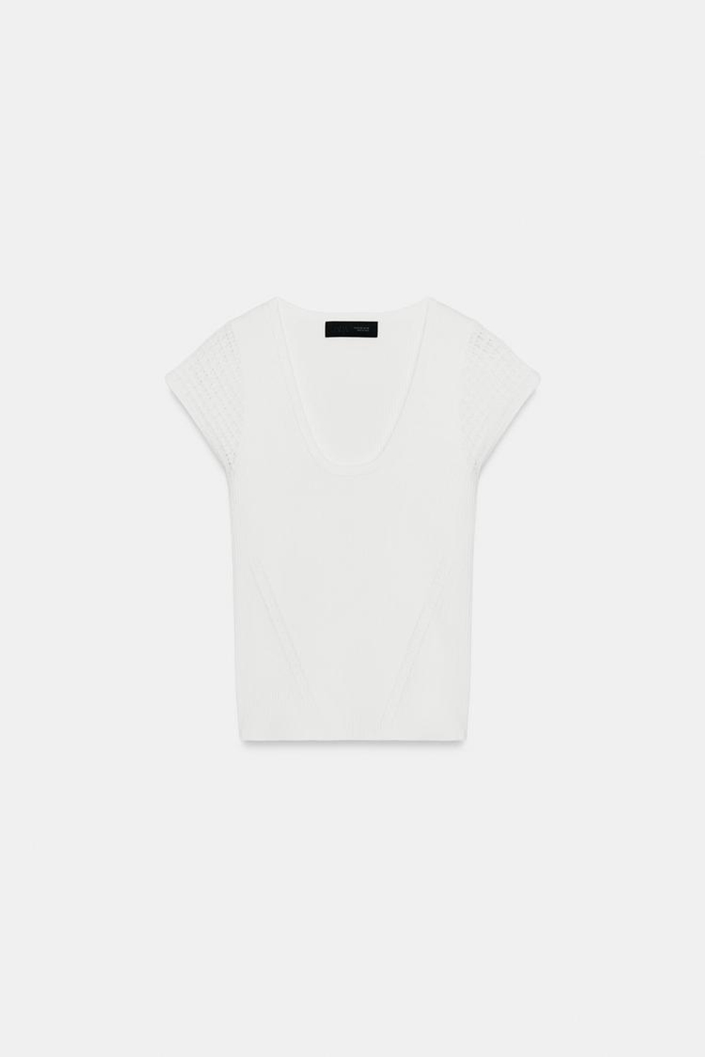 ZARA ТРИКОТАЖНЫЙ ТОП С КОМБИНИРОВАННЫМИ РУКАВАМИ, БЕЛЫЙ