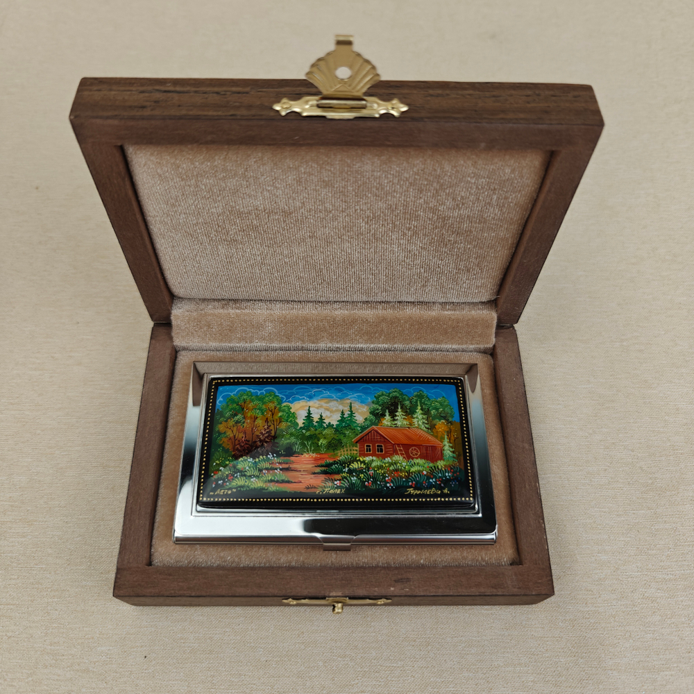 Визитница металлическая персональная "Деревенька. Лето" (ручная роспись Палех)