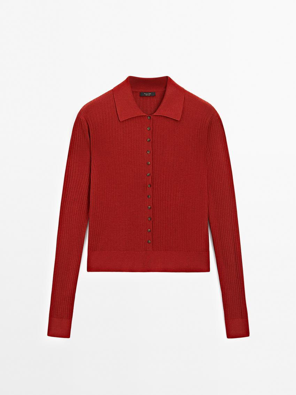 Massimo Dutti Трикотажный свитер с контрастными пуговицами, красный