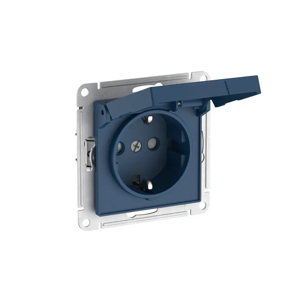 ATLASDESIGN РОЗЕТКА с заземлением со шторками с крышкой,16А,IP20, мех.,быстрозажим. клем., АКВАМАРИН