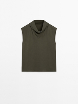 Massimo Dutti Струящаяся блузка с драпированным вырезом, зеленый