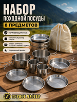 Набор посуды походной 8предметов (2ковша, сковорода 15,5*3см, 3тарелки,2кружки)